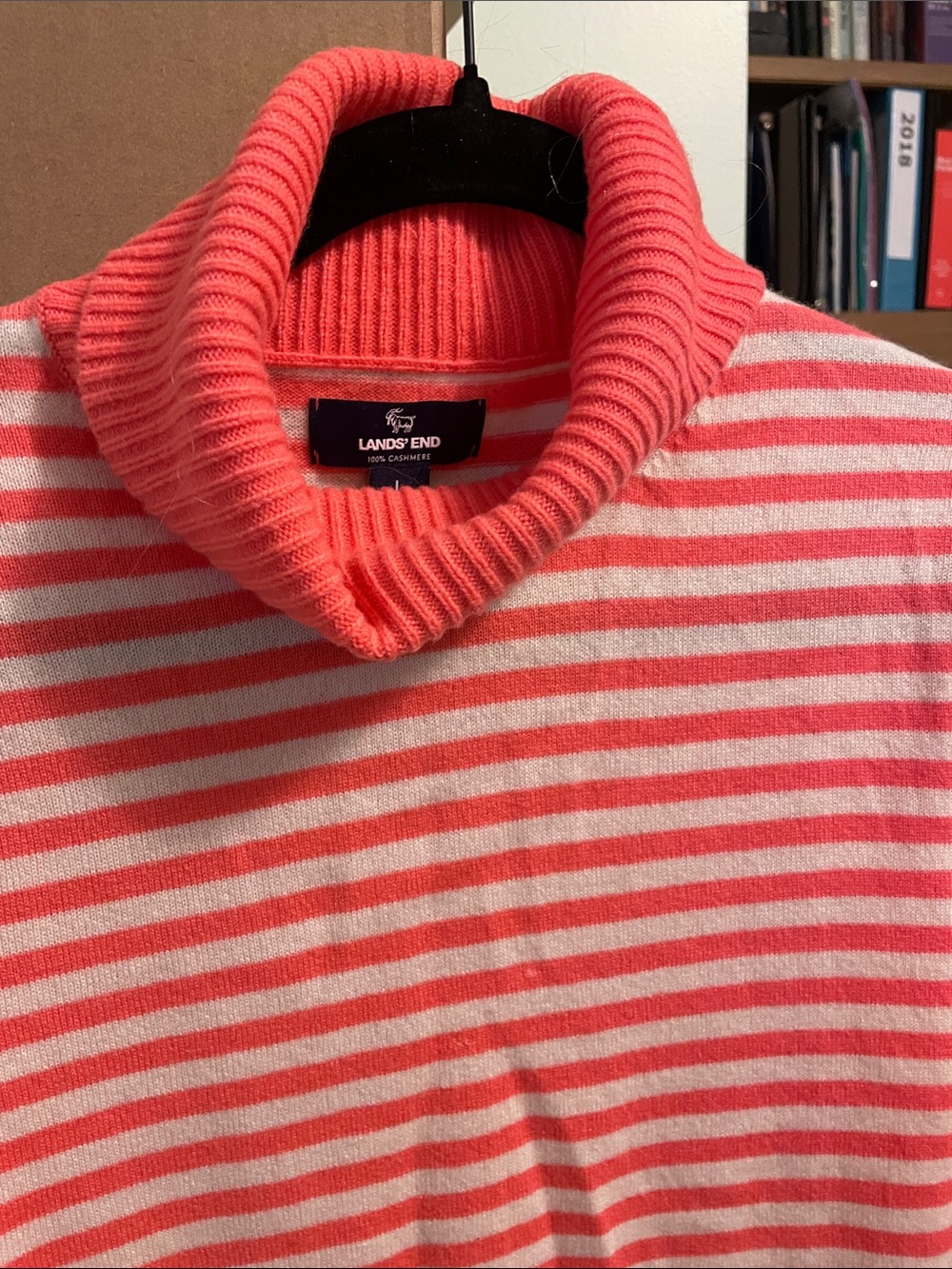 Lands' End Coral and White Striped Cashmere Turtleneck